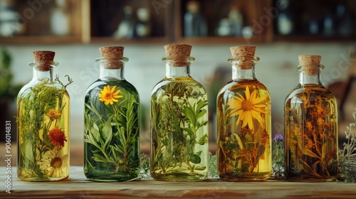 Glass bottles of herb oils used in homeopathy, ideal for health and wellness themes.