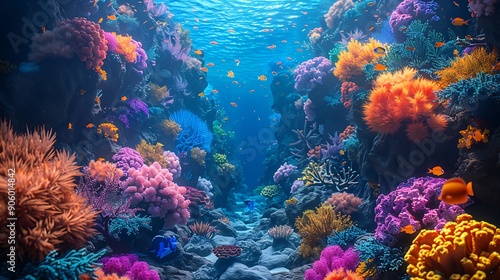 A psychedelically animated cartoon underwater scene with colorful fish swimming among coral reefs and seaweed © Nattapong