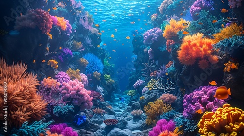 A psychedelically animated cartoon underwater scene with colorful fish swimming among coral reefs and seaweed