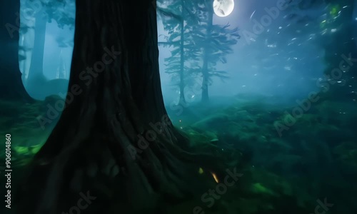 A dynamic motion fast hyperspeed zooming shot across the magic forest at night photo