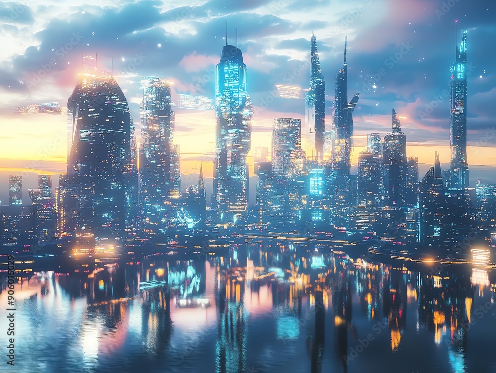 Fototapeta premium Futuristic cityscape with skyscrapers and glowing lights reflecting in the water.