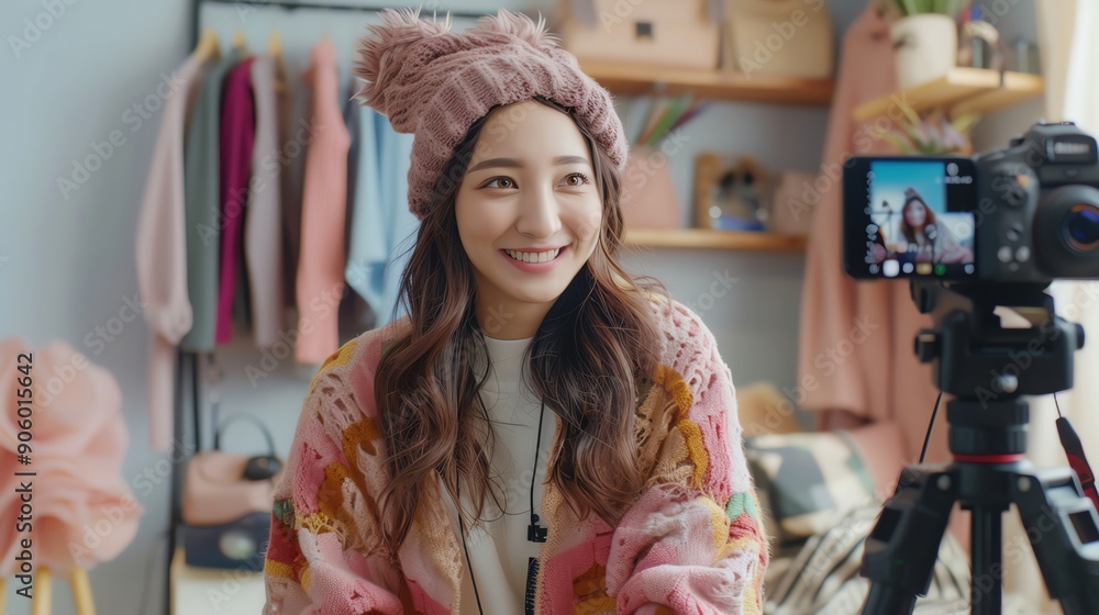 Obraz premium Asian woman setting up a tripod and smartphone for a live stream, ready to share her fashion tips and outfit ideas