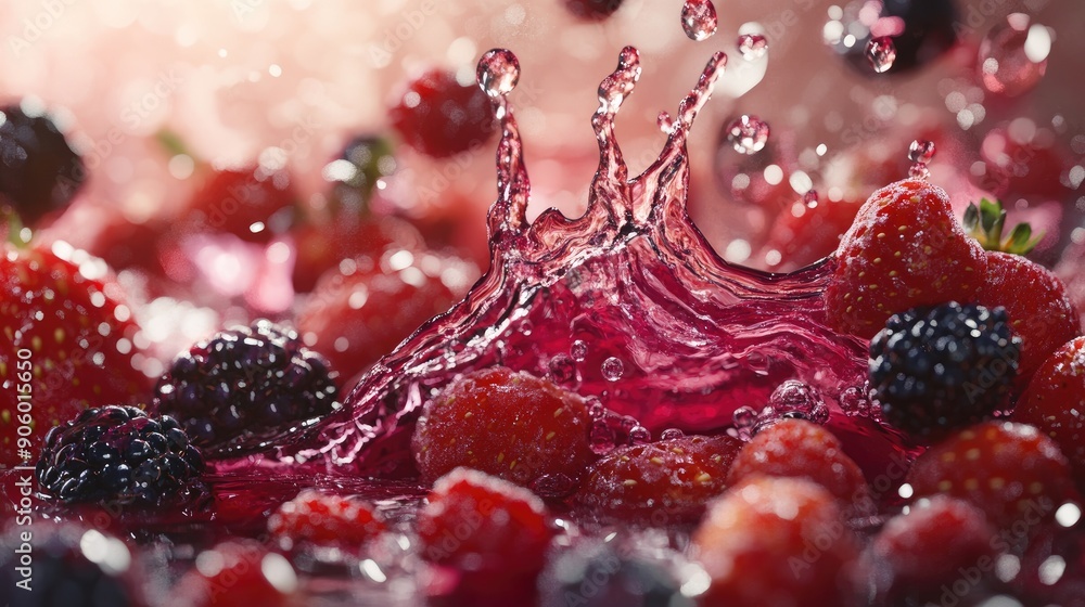 Close-up of a mixed berry juice splash, with various berries in motion, creating an energetic and colorful scene Close-up of a mixed berry juice splash, with various berries in motion, creating an energetic and colorful scene
