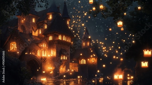 Enchanted castle illuminated by floating lanterns in a magical forest.