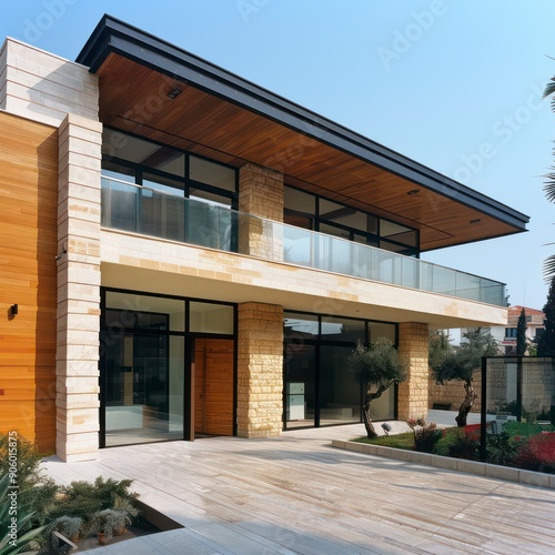 modern european villa with stone cladding details and wide glass door