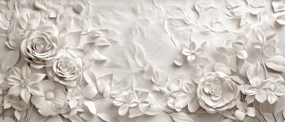 Image of a white wall adorned with a bunch of flowers and leaves on either side, ideal for decorative purposes. Image of a white wall adorned with a bunch of flowers and leaves on either side, ideal for decorative purposes.