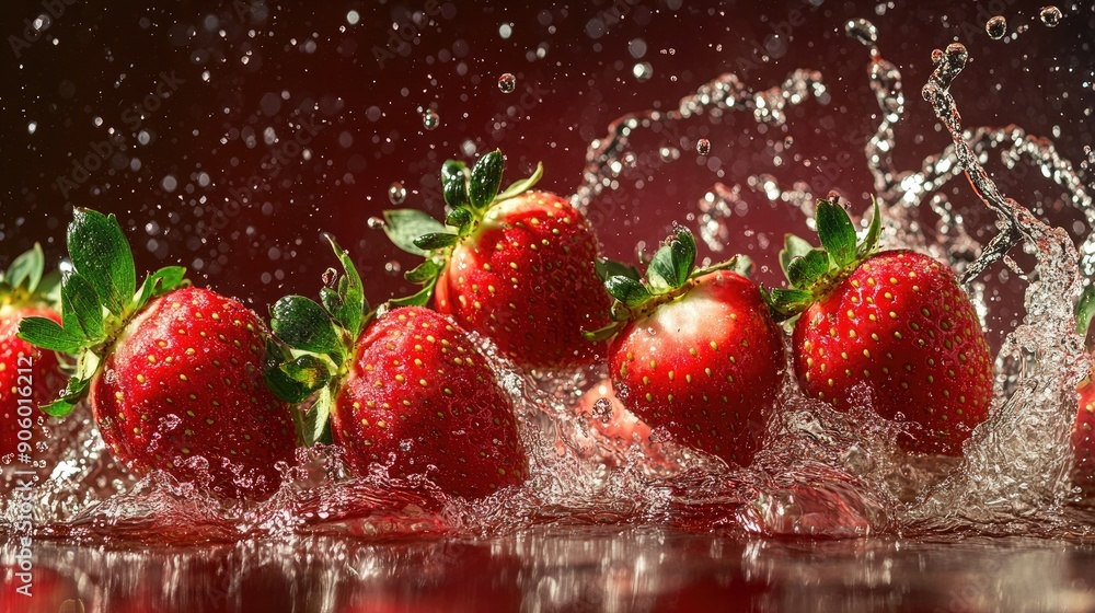 Close-up of strawberries in motion with juice splashing, highlighting the vivid color and natural appeal Close-up of strawberries in motion with juice splashing, highlighting the vivid color and natural appeal