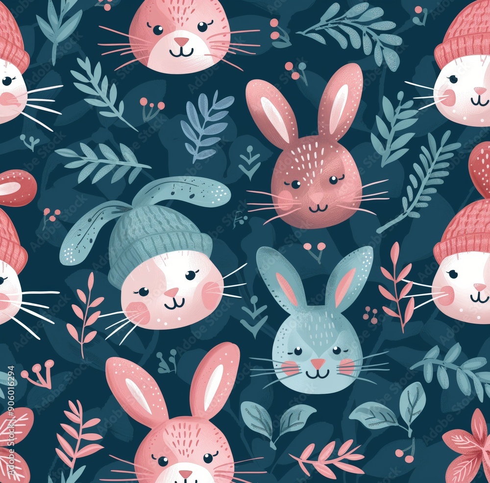 Seamless pattern with cute rabbits in winter hats surrounded by leaves and berries Seamless pattern with cute rabbits in winter hats surrounded by leaves and berries