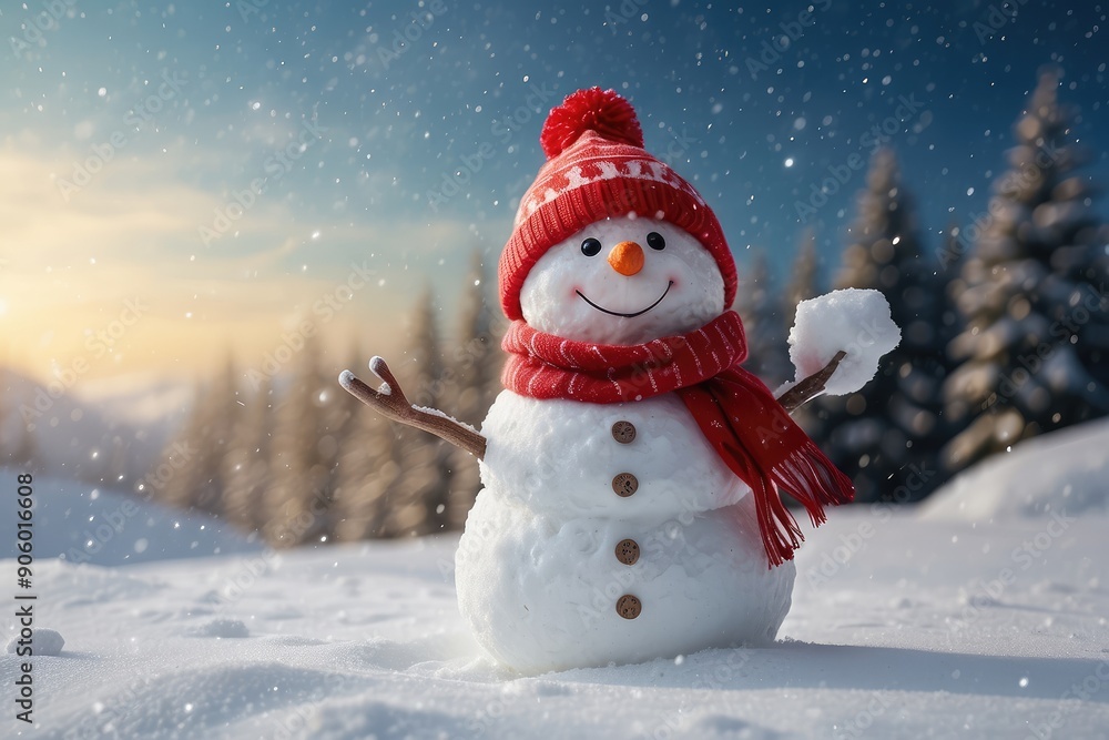 Cheerful Snowman in Red Hat and Scarf with Snow Falling Cheerful Snowman in Red Hat and Scarf with Snow Falling