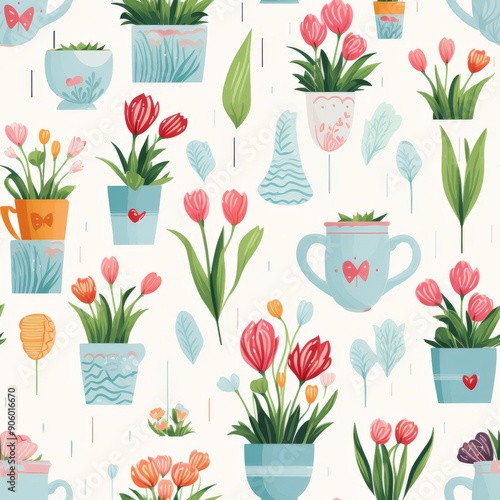 Seamless pattern with tulips in pots photo