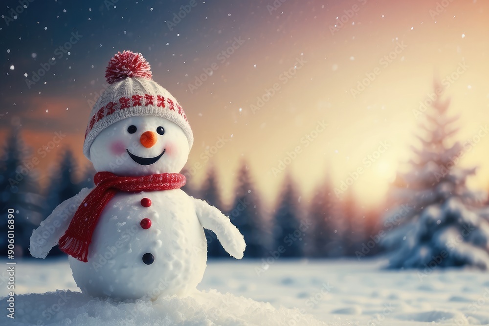 Obraz premium A Smiling Snowman Wearing a Red Scarf and Hat in a Snowy Forest