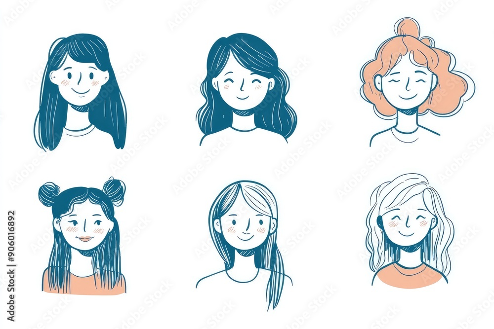 Six Hand-Drawn Illustrations of Smiling Women with Various Hairstyles Six Hand-Drawn Illustrations of Smiling Women with Various Hairstyles