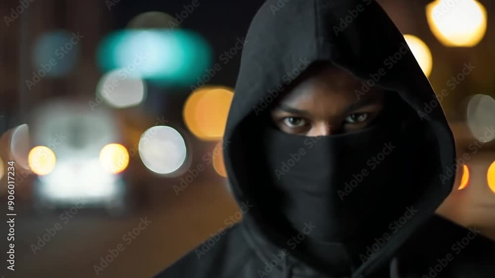 Criminal wearing black mask and hoodie at night Criminal wearing black mask and hoodie at night