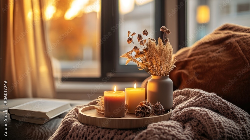 Warm autumn interior decor with dried flowers in a vase, perfect for fall home decoration. Warm autumn interior decor with dried flowers in a vase, perfect for fall home decoration.