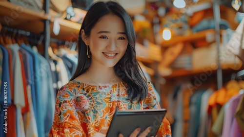 Asian woman fashion blogger editing a video of her clothing haul on a tablet, ensuring high-quality content for her viewers photo