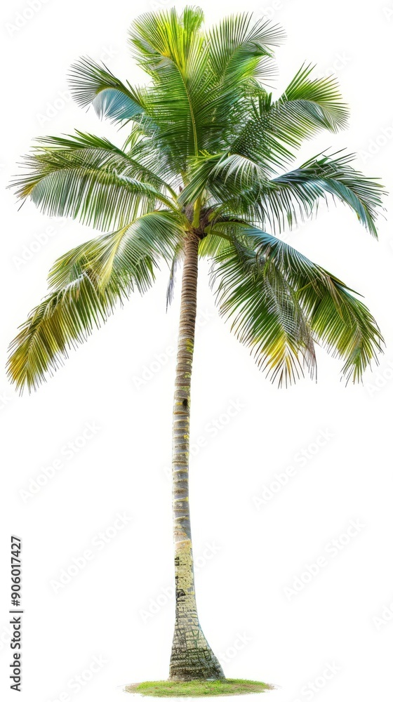 Fototapeta premium Single coconut palm tree with green leaves isolated on white background