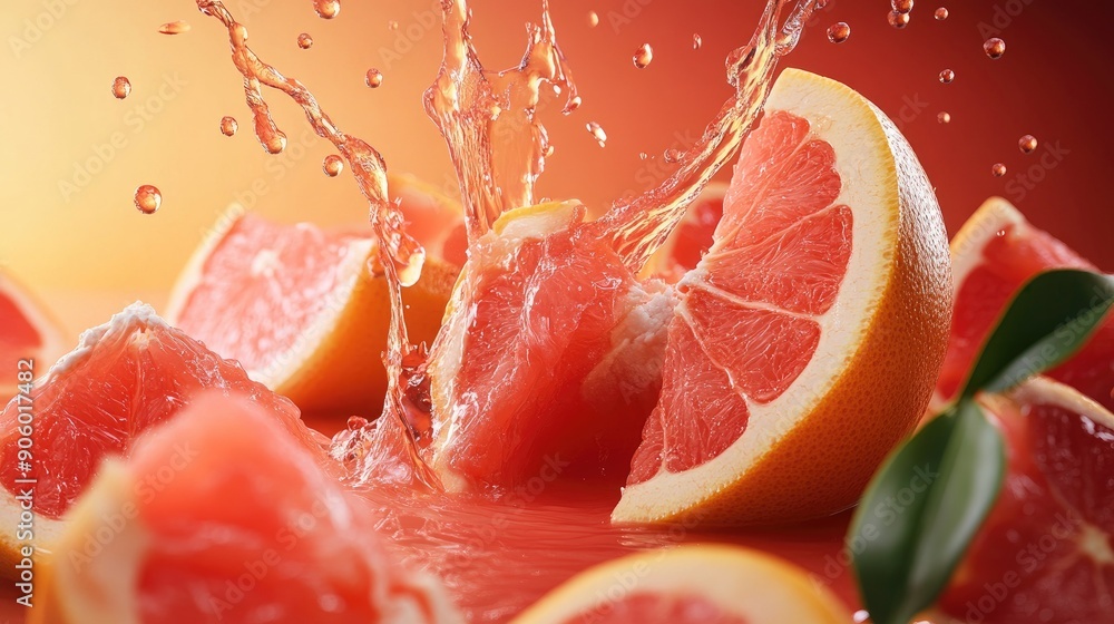 Grapefruit juice splash around fresh segments, highlighting the rich color and refreshing nature Grapefruit juice splash around fresh segments, highlighting the rich color and refreshing nature