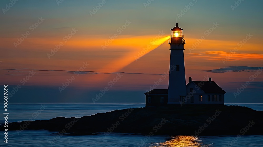 Lighthouse in silhouette, with its light beam piercing the twilight, creating a dramatic and peaceful coastal scene Lighthouse in silhouette, with its light beam piercing the twilight, creating a dramatic and peaceful coastal scene