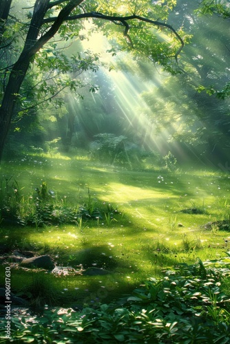 A serene forest glade bathed in sunlight filtering through the trees. Lush green foliage and a peaceful atmosphere.