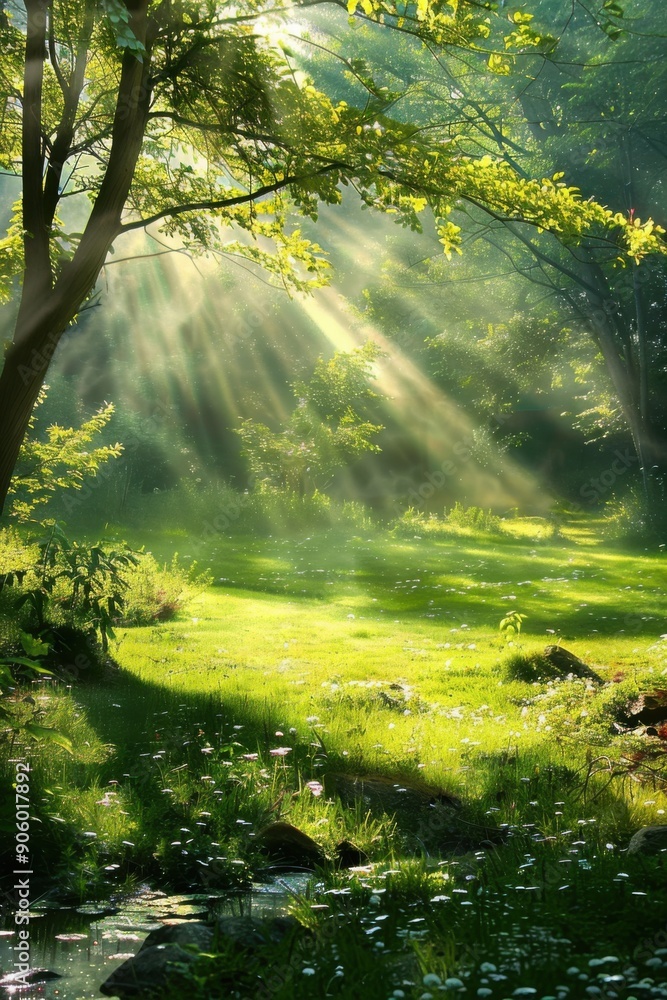 Obraz premium A serene forest clearing bathed in sunlight with lush greenery and dappled light.