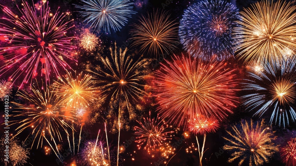 Night sky illuminated by a multitude of fireworks, showcasing a captivating and vibrant show Night sky illuminated by a multitude of fireworks, showcasing a captivating and vibrant show