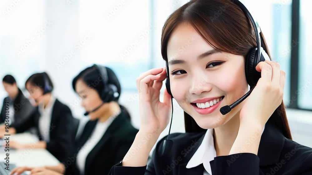 Customer service call center woman wearing a headset talking Customer service call center woman wearing a headset talking