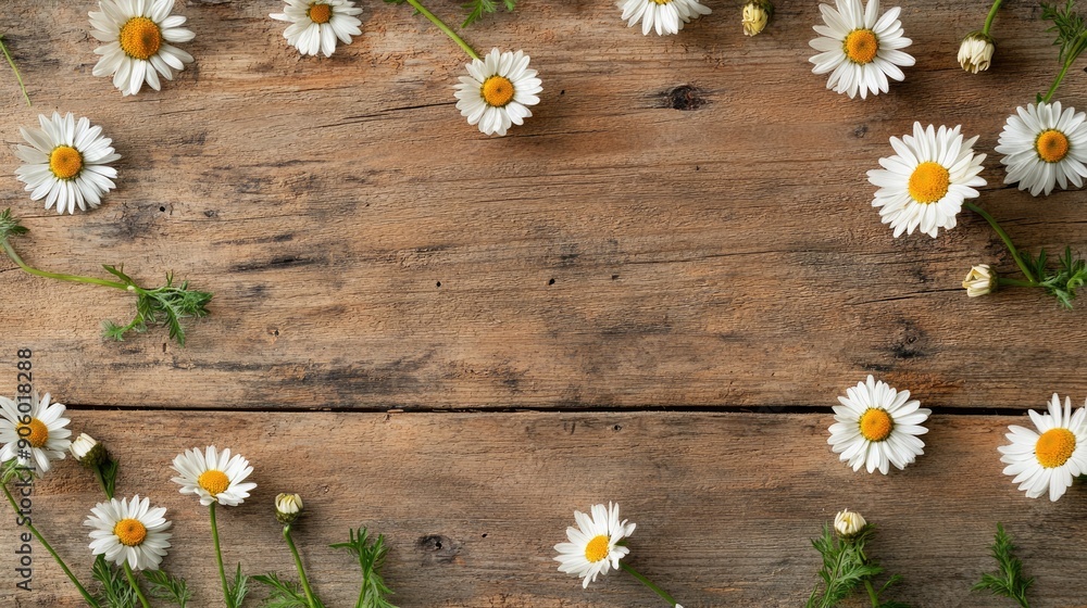 Fototapeta premium Overhead shot of fresh daisies scattered on a rustic wood background, highlighting natural beauty and simplicity