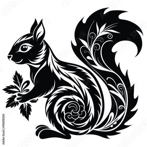 Black and White Stylized Illustration of a Squirrel Holding Leaves