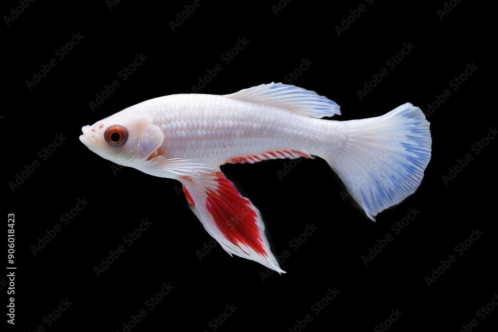 White Siamese Fighting Fish with Red and Blue Fins White Siamese Fighting Fish with Red and Blue Fins