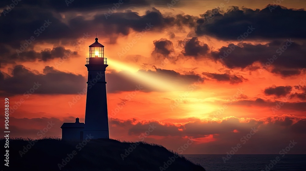 Silhouette of a lighthouse with a beam of light cutting through the twilight sky, creating a guiding and serene scene Silhouette of a lighthouse with a beam of light cutting through the twilight sky, creating a guiding and serene scene