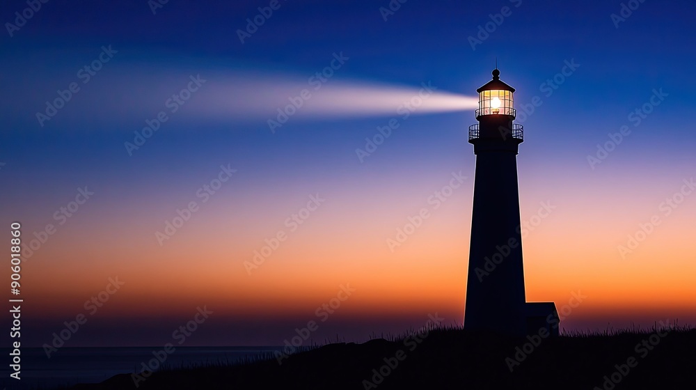 Silhouette of a lighthouse with a beam of light cutting through the twilight sky, creating a guiding and serene scene Silhouette of a lighthouse with a beam of light cutting through the twilight sky, creating a guiding and serene scene