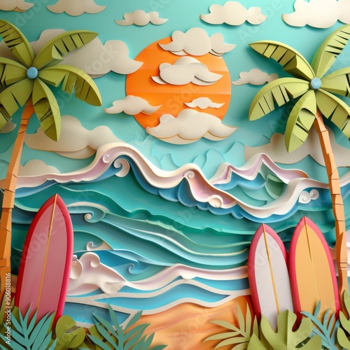 Colorful 3D beach scene with surfboards and waves