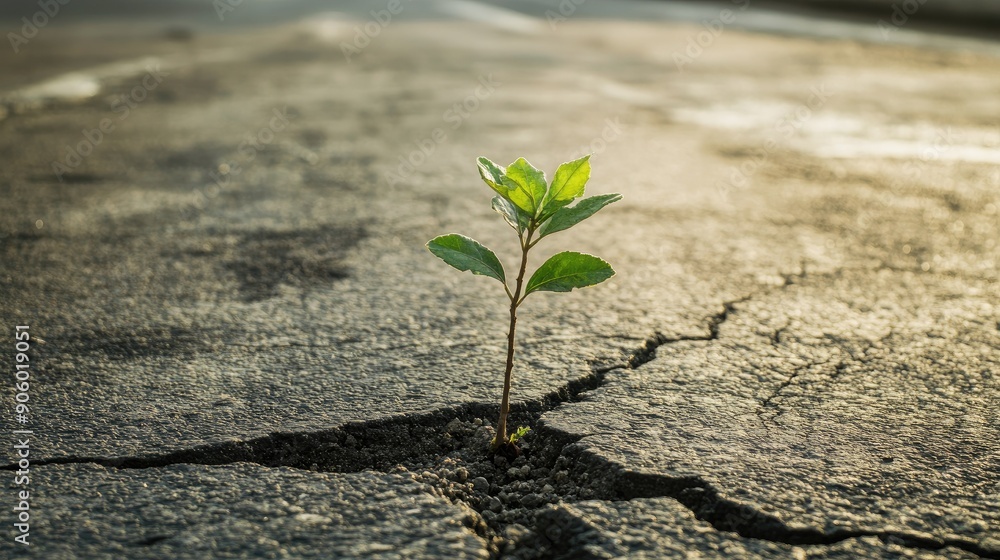 Small trees blooming through cracks in a concrete road, symbolizing resilience and nature's persistence in the morning light