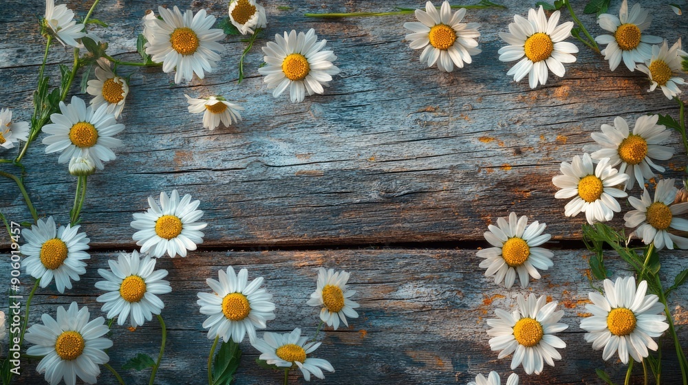 Obraz premium Top view of daisy flowers laid out on a weathered wooden backdrop, creating a picturesque and rustic scene