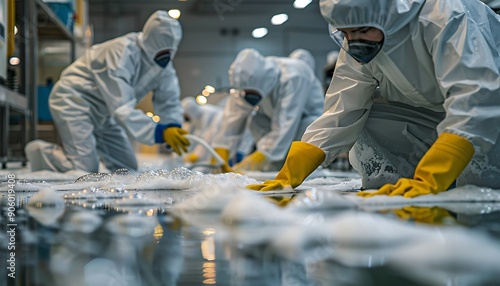 Group of workers in hazmat suits cleaning floor with foam, bubbles close-up, industrial food factory, photorealistic.