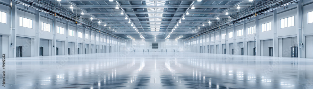 Fototapeta premium A large, empty warehouse with a lot of lights. The lights are on and the space is very bright