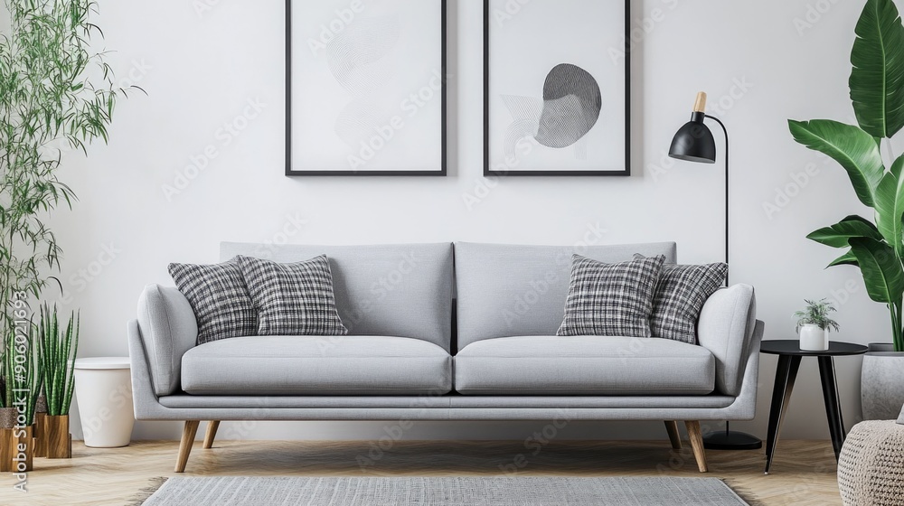 Contemporary Scandinavian living room featuring a gray sofa, plants, and abstract artworks, creating a stylish and functional space. Contemporary Scandinavian living room featuring a gray sofa, plants, and abstract artworks, creating a stylish and functional space.