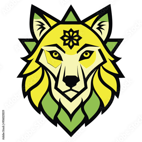 Stylized Yellow Wolf Head with Green and Black Accents