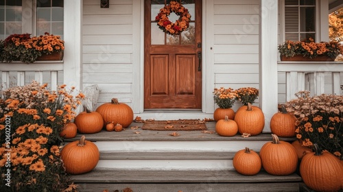 Fototapeta Naklejka Na Ścianę i Meble -  Autumn-themed front door decoration with pumpkins and flowers, perfect for fall and Halloween.