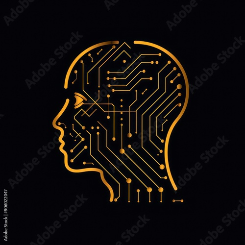 technological symbol head with chip, minimalist lines design on a black background