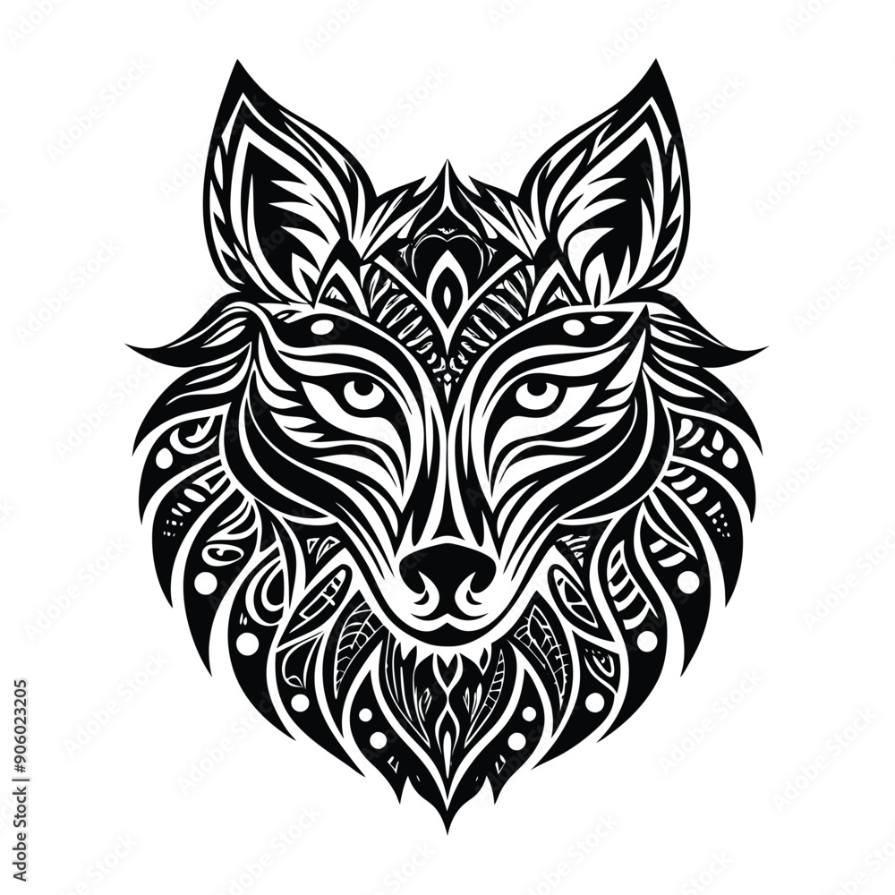Ornate Black and White Wolf Head with Intricate Detail Ornate Black and White Wolf Head with Intricate Detail