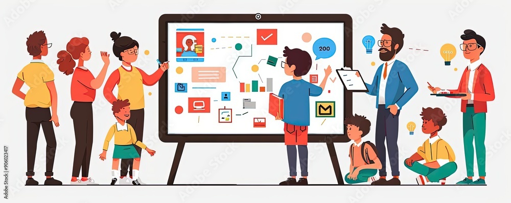 Interactive whiteboard lesson, teacher and students, flat design illustration Interactive whiteboard lesson, teacher and students, flat design illustration