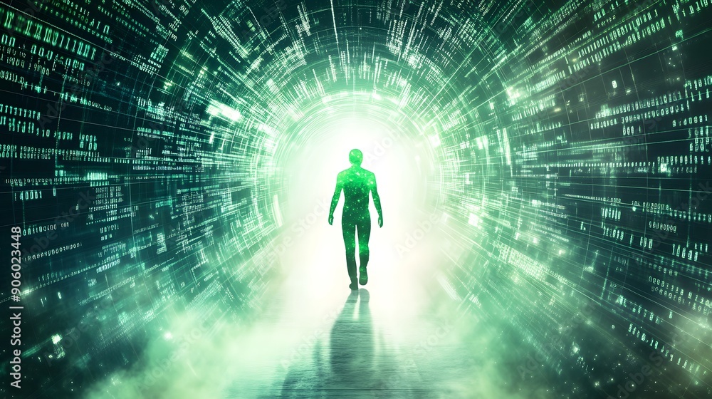 Mystical figure walking towards the light in a digital tunnel with green aura, surrounded by binary code and data streams, against a backdrop of blurred dark space with distant stars Mystical figure walking towards the light in a digital tunnel with green aura, surrounded by binary code and data streams, against a backdrop of blurred dark space with distant stars