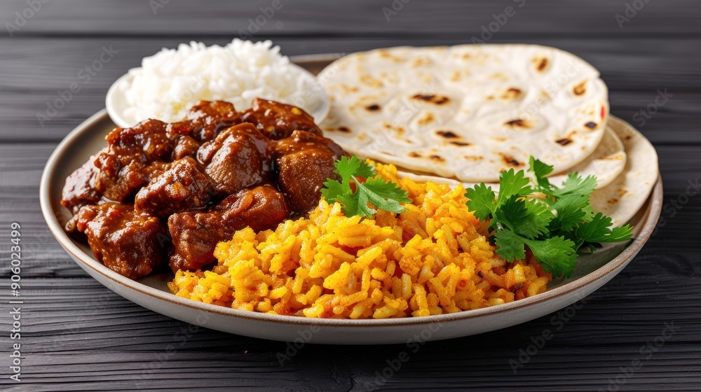 A festive plate of mole poblano with tender chicken, served alongside rice and tortillas