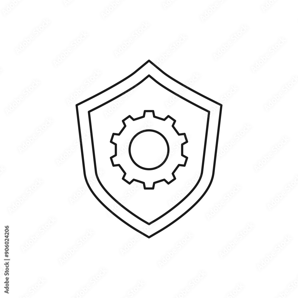 Shield with gear. System protection icon line style isolated on white background. Vector illustration Shield with gear. System protection icon line style isolated on white background. Vector illustration