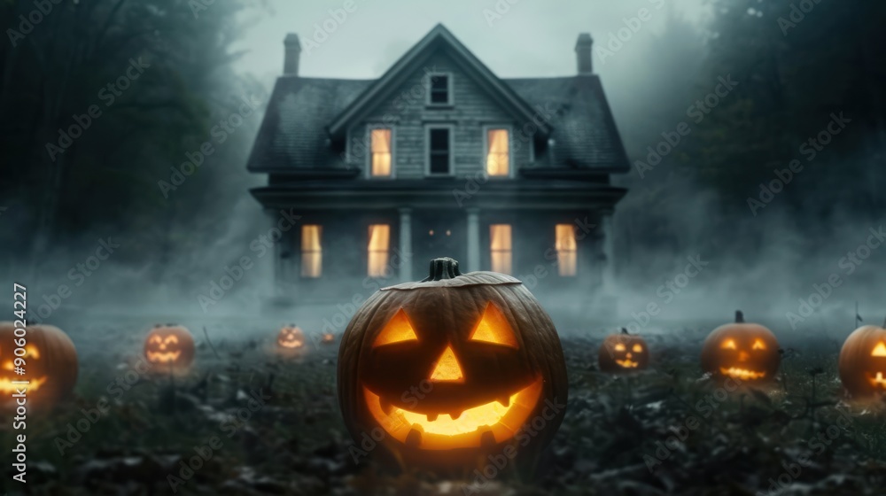 Naklejka premium A haunted house surrounded by a dense fog, with glowing jack-o'-lanterns leading up to the entrance
