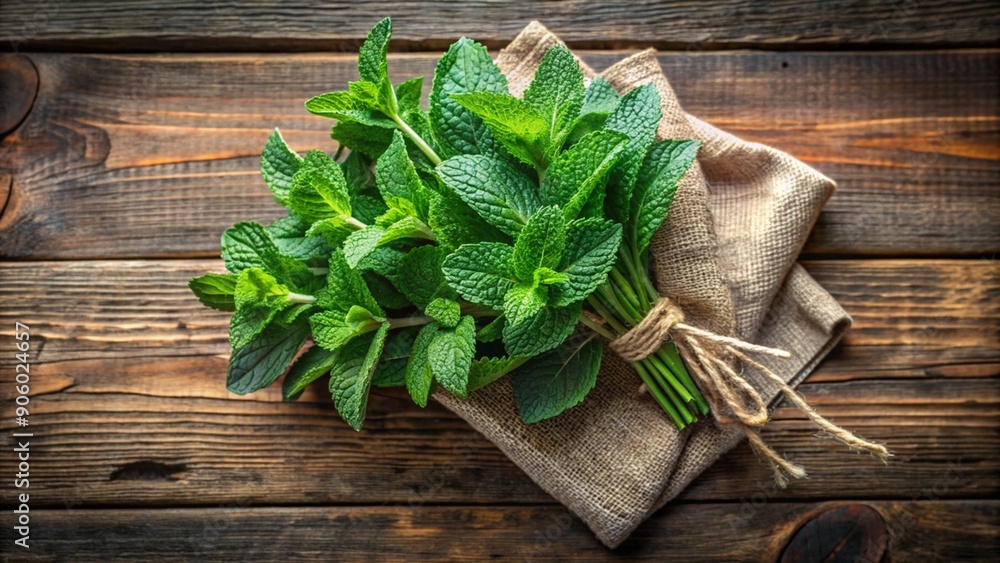 Top view of fresh green mint branches wrapped in cloth arranged on old rustic wooden table Top view of fresh green mint branches wrapped in cloth arranged on old rustic wooden table