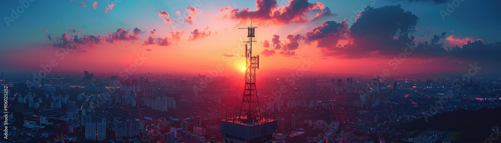 A tall tower with a lot of antennas on top of it. The sky is blue and orange A tall tower with a lot of antennas on top of it. The sky is blue and orange