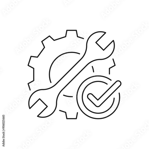 Gear and wrench with checkmark icon line style isolated on white background. Vector illustration