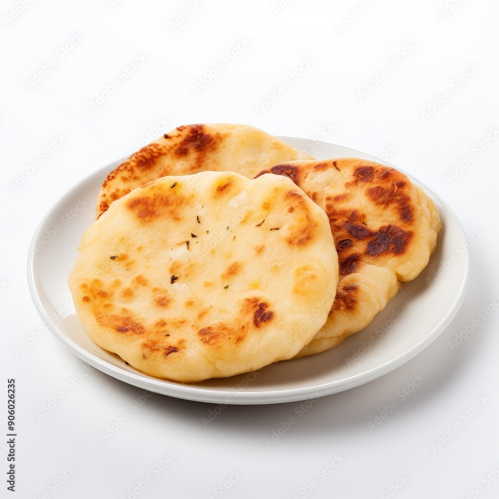 Three cheese naan bread on a white plate isolated on white background Three cheese naan bread on a white plate isolated on white background